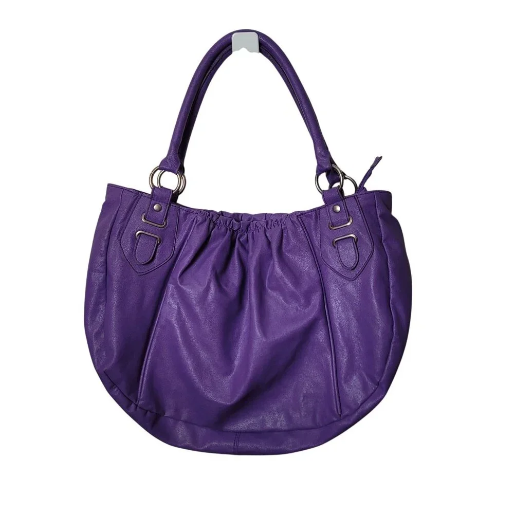Lilu. Purple Faux Leather Hobo Shoulder Bag W/Dual Handles Gathered Top